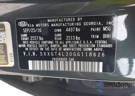 2016 Kia Optima Lx z USA, uszkodzony, nr VIN 5XXGT4L30GG118626